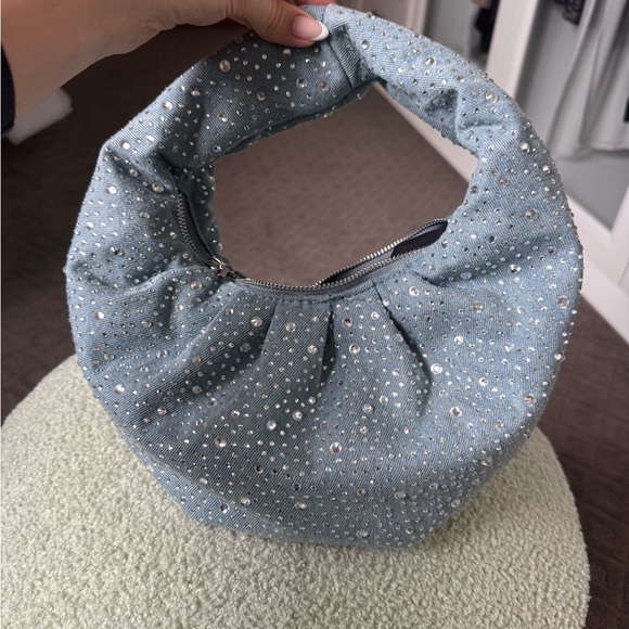 Blue Crescent Shoulder Bag with Ruched Design - Picture 2 of 4